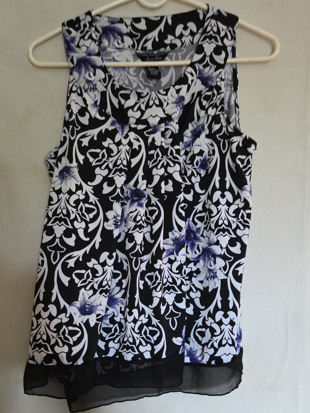 Sleeveless Black & White Floral Print Tank with Purple Accents